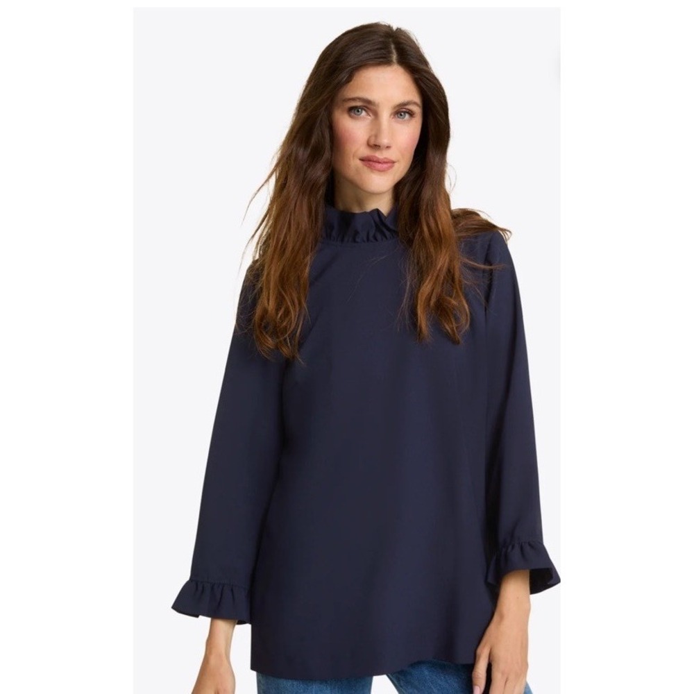 Draper James Women Blue Top M Ingrid Long Sleeve Ruffle At Neck & Sleeve Matte